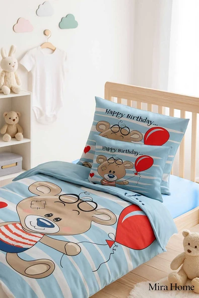 Yenidoğan Erkek Bebek Nevresim Takımı %100 Pamuklu Bear Baloon ürün görseli 1