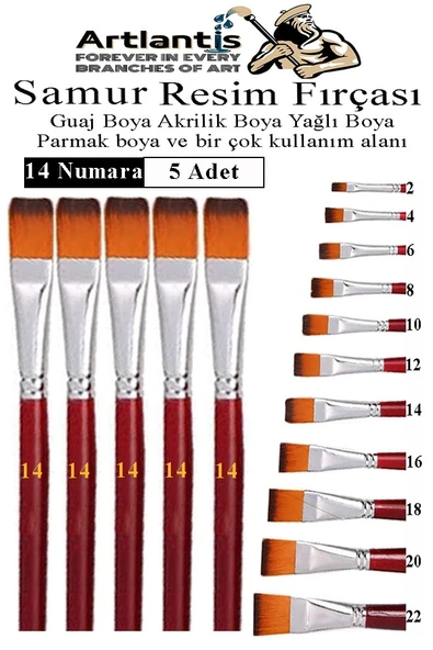 Yassı Uçlu 14 Numara Resim Fırçası 5 li 1 Paket Samur Kesik Uçlu Fırça Seti Guaj Sulu Akrilik Yağlı Boya Fırçaları ürün görseli 1