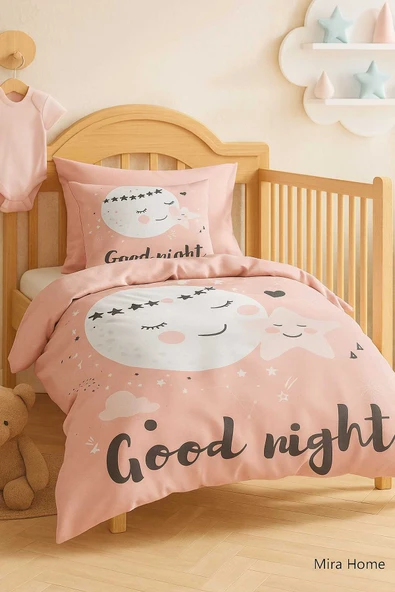 Yenidoğan Kız Bebek Nevresim Takımı %100 Pamuklu Good Night ürün görseli 1