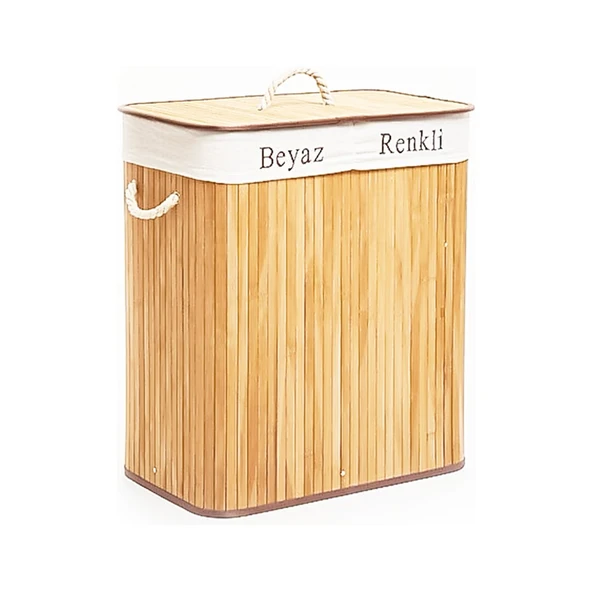 DİKDÖRTGEN İKİ BÖLMELİ İÇ BEZ BAMBU AHŞAP KİRLİ ÇAMAŞIR SEPETİ İP KULP 52X32X62CM (5433) ürün görseli 1