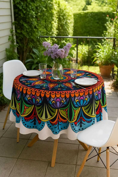 Yuvarlak Etnik Desenli Duck Kumaş Masa Örtüsü 150X150 Cm ürün görseli 1