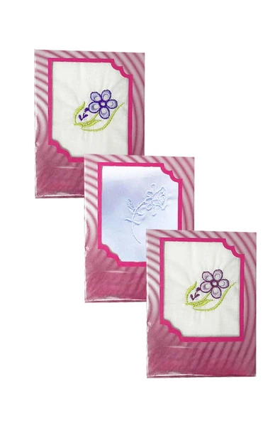 3’lü Özel Paket Premium Kadın İşlemeli Mendil Seti  %100 Pamuk 28x28 Cm ürün görseli 1