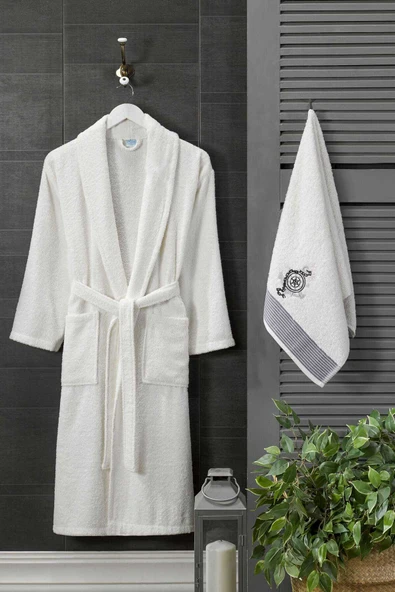 Erkek Havlulu Banyo Bornoz Takımı %100 Pamuklu Beyaz ürün görseli 1
