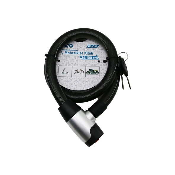 ANAHTARLI METAL KAPLAMA KAFA ÇEK-İT KİLİT KAPAK MOTOR - BİSİKLET KİLİT ÇELİK TEL SİYAH ŞEFFAF KILIF 24MMX100CM (5433) ürün görseli 1