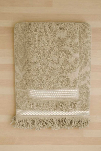 2 Parça Jakarlı Banyo Havlu Takımı %100 Pamuklu 90x150 Cm Arden Bej ürün görseli 1