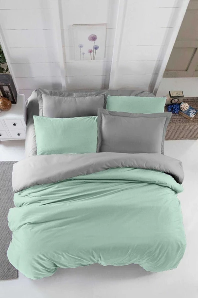 Çift Kişilik Lastikli Çarşaflı Nevresim Takımı Pamuklu Four Season Mint Gri ürün görseli 1