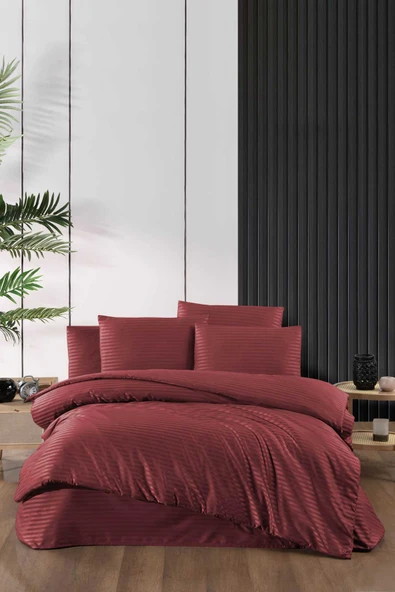 Stripe Saten Line Çift Kişilik Nevresim Takımı Bordo ürün görseli 1