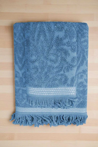 2 Parça Jakarlı Banyo Havlu Takımı %100 Pamuklu 90x150 Cm Arden Mavi ürün görseli 1