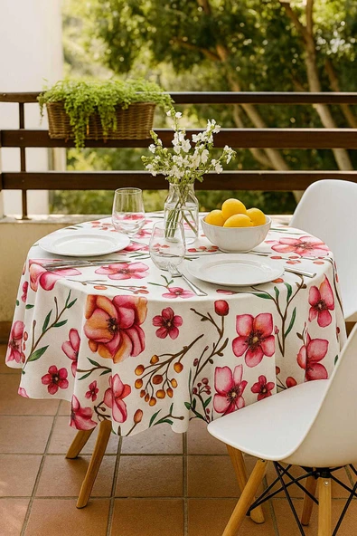 Yuvarlak Çiçek Desenli Duck Kumaş Masa Örtüsü 150x150 Cm ürün görseli 1