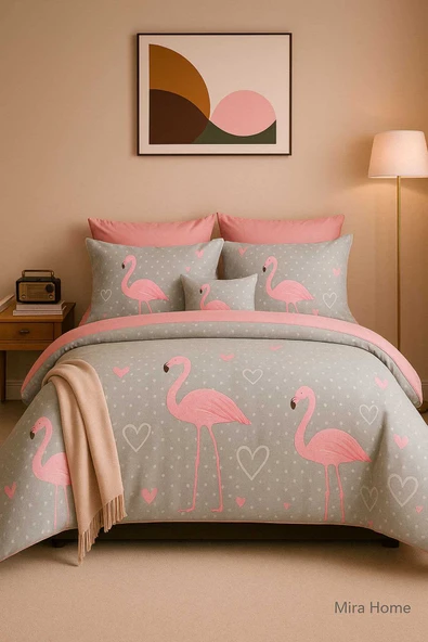 Çift Kişilik Pamuklu Nevresim Takımı Flamingo Love ürün görseli 1