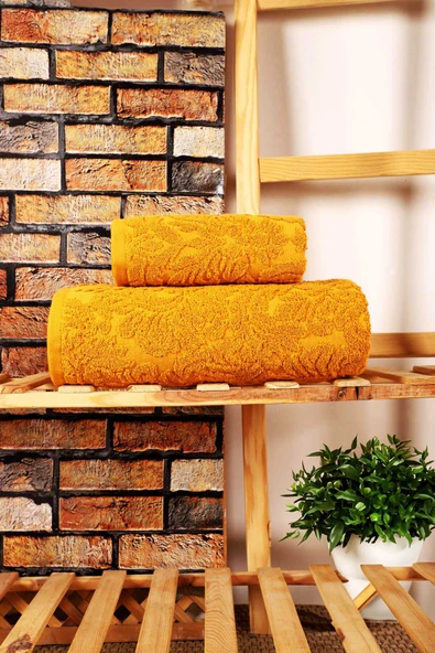Mira Home 2 Parça Jakarlı Banyo Havlu Takımı Doku Desen Sarı ürün görseli 1