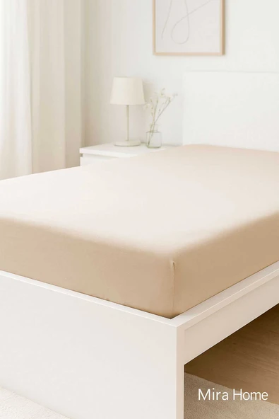 Çift Kişilik Düz Penye  %100 Pamuklu Lastikli Çarşaf 180X200 Newsheet Bej ürün görseli 1