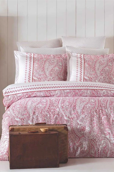 Çift Kişilik Nevresim Takımı Pamuklu Vintage Pembe Paisley ürün görseli 1