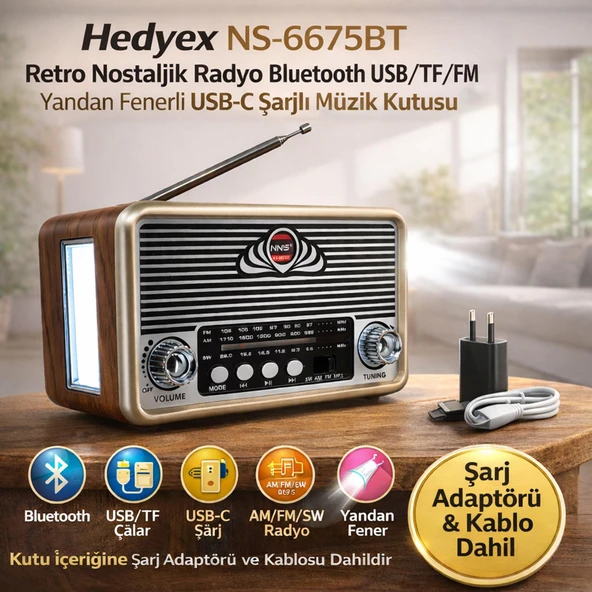 Hedyex NS-6675BT Retro Nostaljik Radyo Bluetooth USB/TF/FM Yandan Fenerli USB-C Şarjlı Müzik Kutusu ürün görseli 1