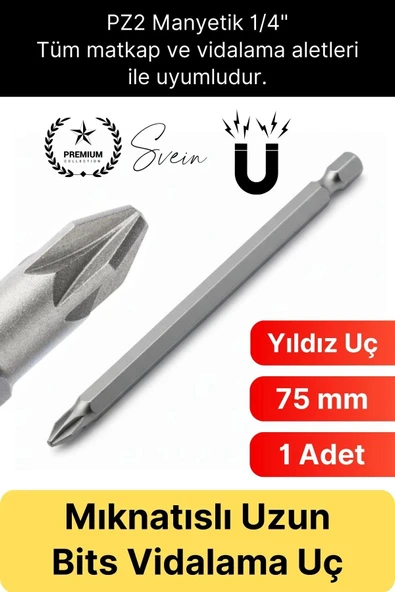 #Bitsuç Mıknatıslı 75 mm Yıldız Vidalama Bits Uç PZ2 Manyetik 1/4" Şarjlı Matkap Ucu Uzun Boy 1 Adet ürün görseli 1