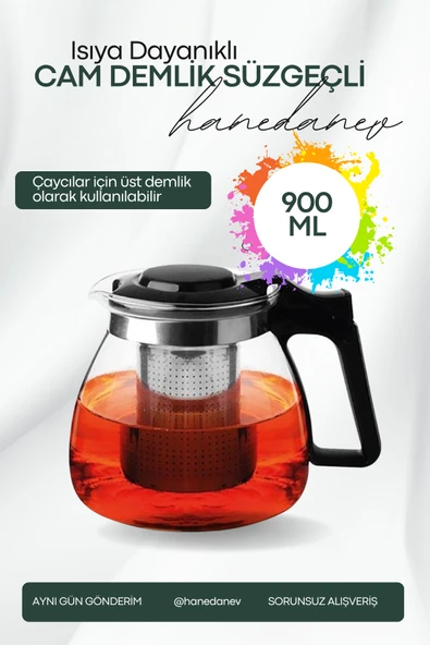 Isıya Dayanıklı Süzgeçli Cam Demlik 900 Ml Çaycı Çay Makinesi Demliği Teapot 900 ML ürün görseli 1