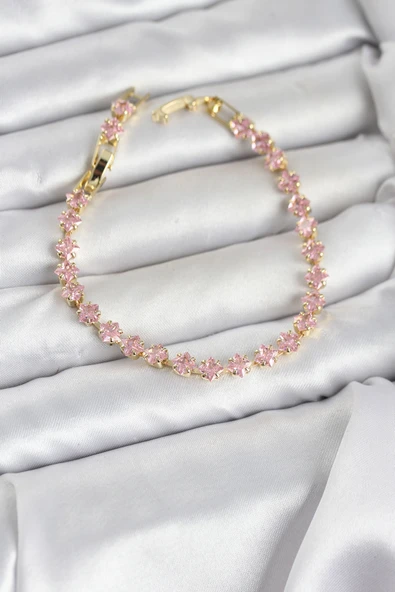Pembe Kare Zirkon Taşlı Gold Renk Pirinç Su Yolu Kadın Bileklik TJ-BB8324 ürün görseli 1