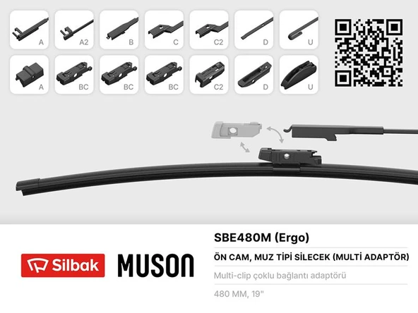SİLECEK SÜPÜRGESİ MUZ TİPİ 480mm A. BC.C2.D VE U TİPİ KOLLAR ICIN MULTİ ADAPTORLÜ ürün görseli 1