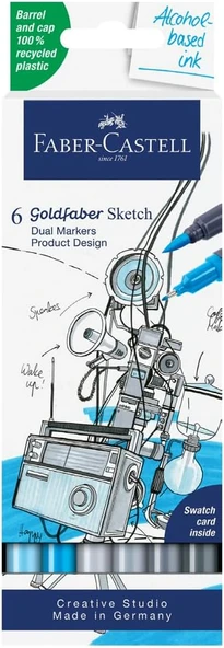 Faber-Castell Gofa Sketch Ürün Tasarım Markör Seti, 6’Lı, Çift Uçlu, 0.6 Mm Fineliner Uç, Kalıcı Mür ürün görseli 1