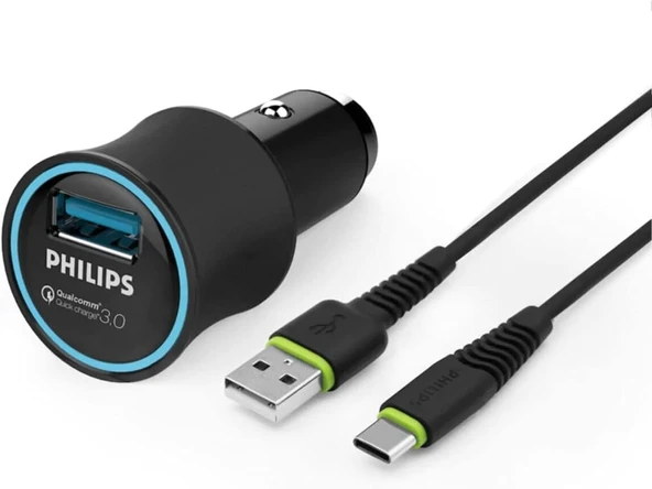 Philips Dlp3520C Usb Araç İçi Şarj Adaptörü Qc3.0 Siyah (1 Çıkış) + Usb - Type-C Şarj Kablosu 1.2M S ürün görseli 1
