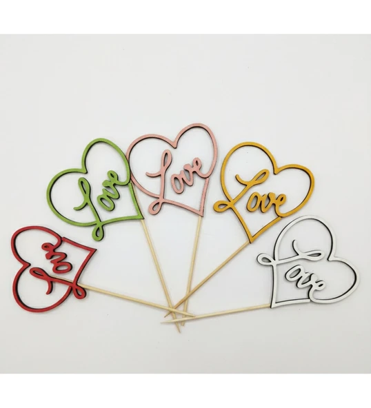 5 Farklı Renkte Ahşap Love Yazılı Pasta ve Çiçek Süsü - Düğün, Nişan ve Doğum Günü Dekoratif Süs, 5’li paket ürün görseli 1