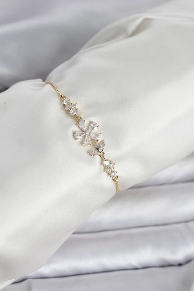 Zirkon Taşlı Papatyalı Asansörlü Kadın Bileklik (Gold Renk) ürün görseli 1