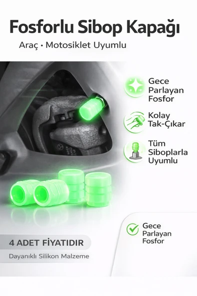Fosforlu Araç Motosiklet Lastik Sibop Kapağı Gece Parlayan Silikon 4 Adet Universal Sibop Kapağı ürün görseli 1