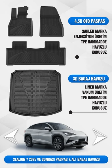 BYD Sealion 7 2025 ve Sonrası Uyumlu 4.5D Premium Havuzlu Oto Paspas ve Lıner ALT Bagaj Havuzu SET ürün görseli 1