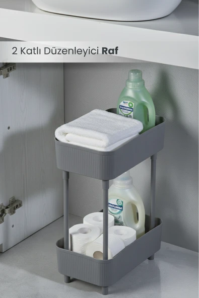 Banyo Düzenleyici 2 Katlı Gri Raf - Kozmetik, Makyaj Şampuan, Havlu Dolap Organizeri ürün görseli 1