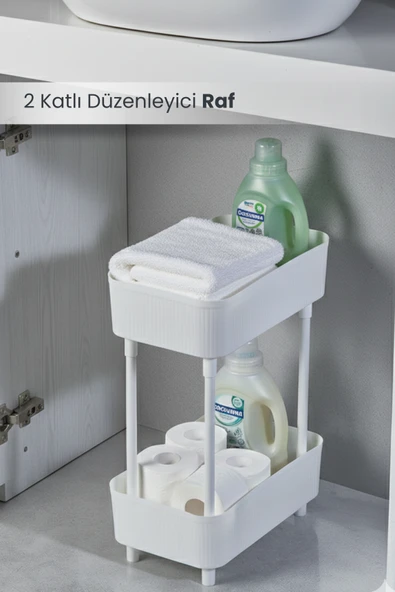 Banyo Düzenleyici 2 Katlı Beyaz Raf - Kozmetik, Makyaj Şampuan, Havlu Dolap Organizeri ürün görseli 1