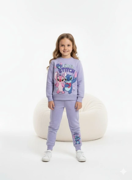 Cg Kids Stitch Temalı Simli Baskı 2 İplik Kız Çocuk Alt Üst Sweatshirt Eşofman Takım ürün görseli 1