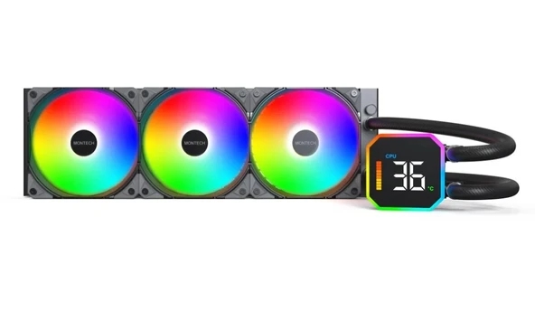 MONTECH HyperFlow Dijital 360 CPU Sıvı Soğutucu, 3100 RPM Pompalı 360 mm AIO, 3×120 mm E28 ARGB Fanlar, Gerçek Zamanlı D ürün görseli 1