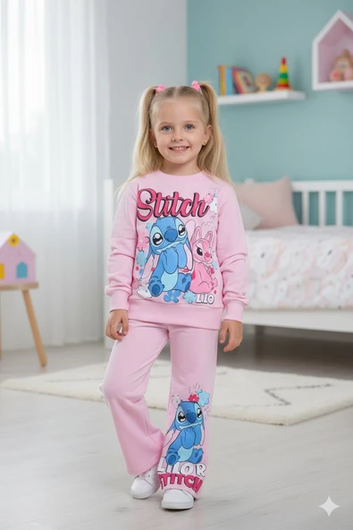 Cg Kids Stitch İspanyol Paça Baskı Detay 2 İplik Kız Çocuk Alt Üst Eşofman Takım Süper Kalite ürün görseli 1