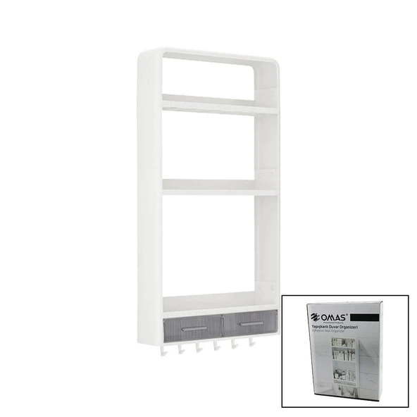 BEYAZ YAPIŞKANLI DUVAR ORGANİZERİ PLASTİK 3 RAF=14CM-19CM-30CM - 2 ÇEKMECE=40CM - 6 ASKI 19 PARÇA (5433) ürün görseli 1