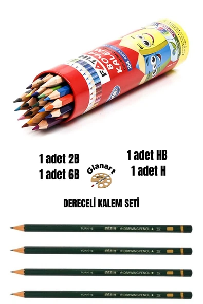 dereceli resim kalemi seti(2b,6b,h,hb) + teneke kutuda 24 renk kuru boya seti ürün görseli 1