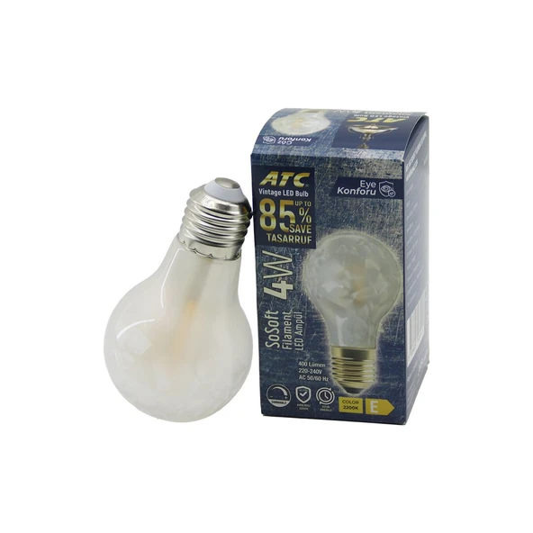 ATC-A60-SS VİNTAGE SOSOFT FİLAMENT 4W LED AMPUL LAMBA E27 KIRILMAZ PLASTİK CAM 400 LÜMEN 2200K 25.000 SAAT (5433) ürün görseli 1