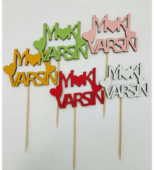5 Farklı Renkte Ahşap "İyi Ki Varsın" Yazılı Pasta ve Çiçek Süsü - Sevgililer Günü, Yıldönümü ve Doğum Günü Dekoratif Süs, 5’li paket ürün görseli 1