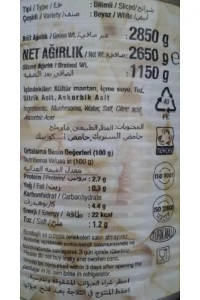 Mantar Dal Dilimli Konserve 2850 gr - Resim 2