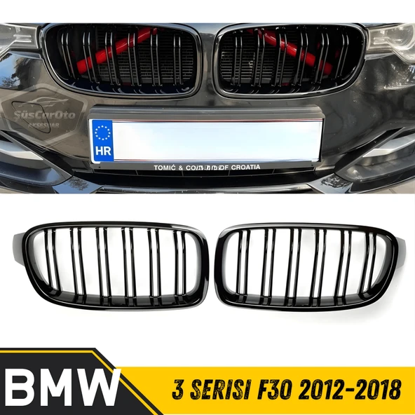 Bmw 3 Serisi F30 2012-2018 Uyumlu Ön Panjur Böbrek M3 Görünüm Izgara Çift Çizgi İthal Piano Black 1.Sınıf Sağ Sol Takım ürün görseli 1