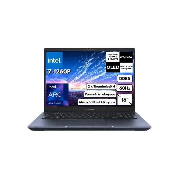 Expertbook B5 I7-1260P 16-Gbddr5 512-GBDDR5 SSD 4gb Arc A350M OLED Wquxga Windows 11 Home Dizüstü Bilgisayar B5602CBN-I7126016512DS BTY26 ürün görseli 1