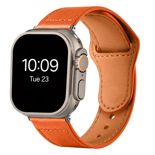 iWatch Ultra 1 2 3 49mm İle Uyumlu Premium Classic Deri Görünümlü Kordon  Turuncu ürün görseli 1