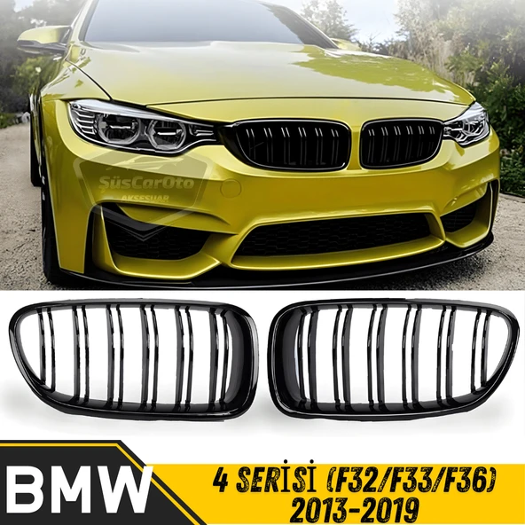 Bmw 4 Serisi F32 F33 F36 2013-2019 Uyumlu Ön Panjur Böbrek M4 Görünüm Izgara Çift Çizgi İthal Piano Black 1.Sınıf Sağ Sol Takım ürün görseli 1