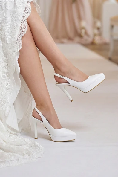 Erkan Saçmacı Scarlett Slingback Beyaz Vegan Sivri Burun Arkası Açık İnce Platform Topuklu Gelin Ayakkabısı ürün görseli 1