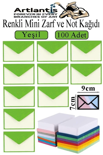 Yeşil Mini Zarf 7x9 cm Not Kağıtlı 100 Adet Küçük Yeşil Zarf Mektup Oyun Zarfı Doğum Günü Dilekleri Zarfı Canlı Renk ürün görseli 1