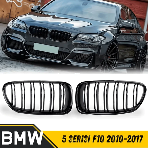 Bmw 5 Serisi F10 2010-2017 Uyumlu Ön Panjur Böbrek M5 Görünüm Izgara Çift Çizgi İthal Piano Black 1.Sınıf Sağ Sol Takım ürün görseli 1