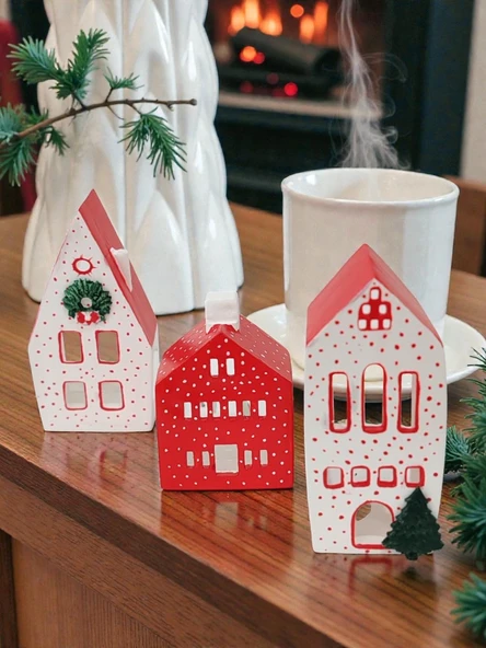Home Yılbaşı Ev Mumluk Seti, Kırmızı ve Beyaz Renkli Yüksek Kaliteli Malzeme El Yapımı Dekoratif Obje Biblo, Ev Dekoru, Masa Dekoru, Yılbaşı Dekoru, Hediyelik, Yılbaşı Evleri ürün görseli 1