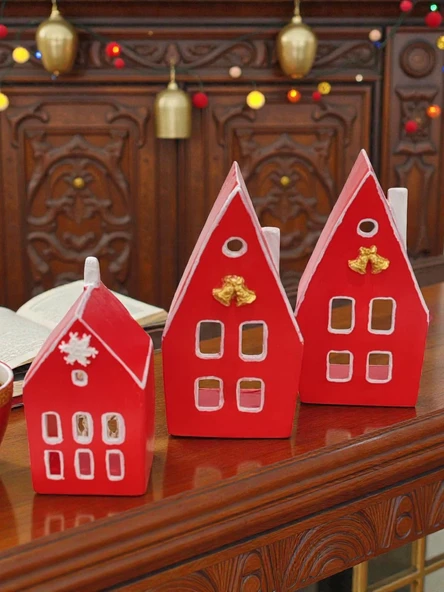 Home Yılbaşı Ev Mumluk Seti, Kırmızı Renkli Yüksek Kaliteli Malzeme El Yapımı Dekoratif Obje Biblo, Ev Dekoru, Masa Dekoru, Yılbaşı Dekoru, Hediyelik, Yılbaşı Evleri ürün görseli 1