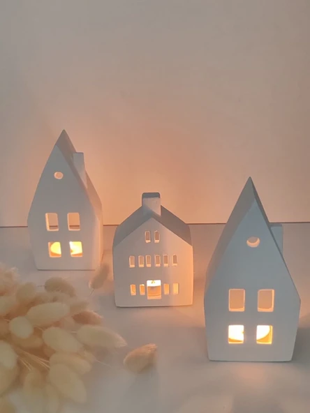 Home Yılbaşı Ev Mumluk Seti, Beyaz Renkli Yüksek Kaliteli Malzeme Dekoratif Obje, El Yapımı Dekoratif Obje Biblo, Ev Dekoru, Masa Dekoru, Yılbaşı Dekoru, Hediyelik, Yılbaşı Evleri ürün görseli 1