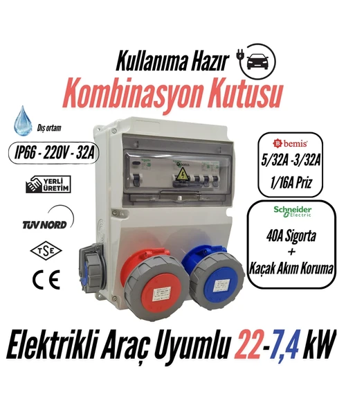 Bemis - Kombinasyon Kutusu IP66 (40A Sigorta + Kaçak Akım Korumalı)(Taşınabilir Elektrikli Araç Şarj Cihazları İçin Uygundur) ürün görseli 1