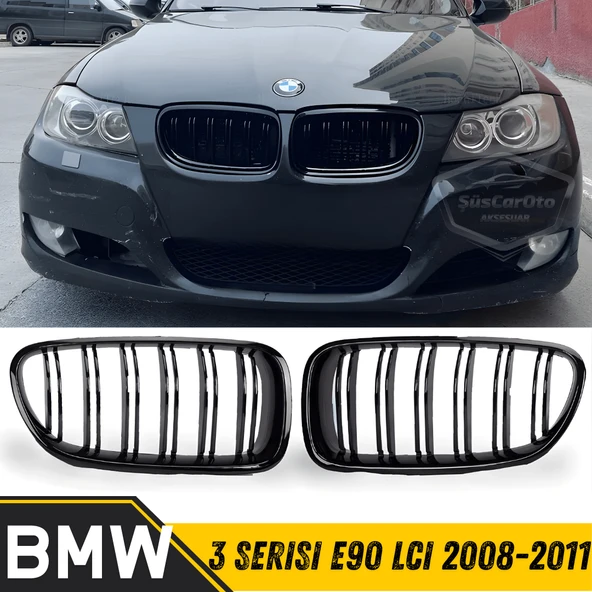 Bmw 3 Serisi E90 LCI 2008-2011 Uyumlu Ön Panjur Böbrek M3 Görünüm Izgara Çift Çizgi İthal Piano Black 1.Sınıf Sağ Sol Takım ürün görseli 1
